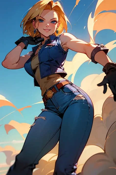 {best quality}, {very aesthetic}, Beautiful Android18DB portrait,side facing viewer,Beautiful Android18DB portrait,Solo,Earrings,Jewelry,Denim,Smiling,Belt,Vest,Clouds,Sky,Daytime,Pants,Outdoor,Gloves,Necklace,Jeans,ig breast ,dutch angle ,jyojyo standing ...