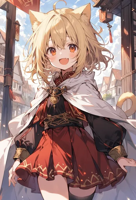 1 cute girl,
(light yellow hair, bob hair, messy hair, ahoge),
(light yellow Cat ear),
(dark amber eyes, tareme),
smile,
open mouth, fang,

zettai ryouiki,

looking at viewer,

(white cape, gold line),
(dark red Artificer, white line),
(dark red skirt, whi...