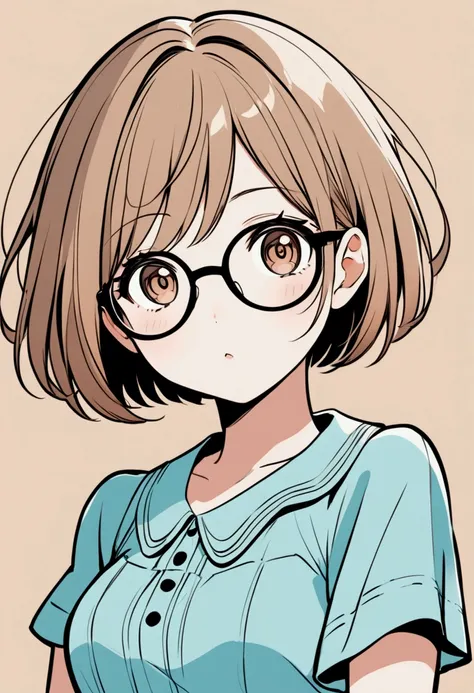 Beautiful anime girl with short hair and brown glasses, wearing a neon skyblue autumn dress, against a light-brown background, with crisp outlines and clean line work in the style of cute and cool, in a manga style with bold black lines.