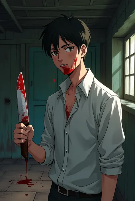 A tall, handsome boy bathed in blood, Serious, in his hand a butcher knife. There is blood in his mouth which stains his shirt.. he&#39;s gay. He is blushing. His head slightly tilted to one side avoiding the camera. Abandoned cabin background. 2D anime dr...