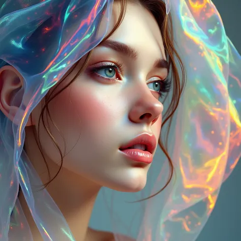 colour paint realistic portrait 64k, Female face image, full-screen face only. Looking ahead, the image is slightly turned sideways, there is a transparent, light, and faint colored cloth, the rainbow reflex is bright and beautiful.