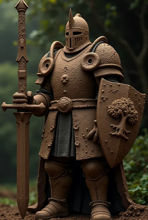 A towering Templar knight stands firmly, entirely crafted from coarse, rugged earth. His helmet, made of compacted soil, features a classic Templar design with a prominent crest and small openings for his fierce eyes that shine with determination. His tors...