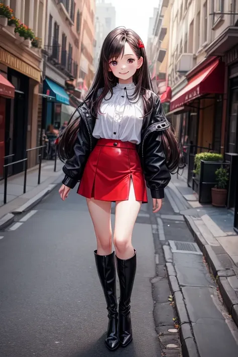  smiling and extremely cute eleven year old , long black disheveled hair , white skin , dark blue blouse , red mini skirt , red knee-high boots , full body , HEAD ON 