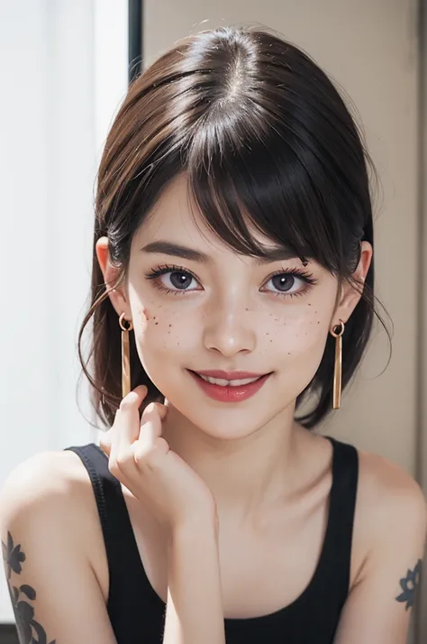 1 girl, Japanese, 4k, realistic, soft skin, texturized skin, long whavy black hair with bangs, purple fade hair, shiny purple eyes, red eyeliners, shining red lips, natural makeup, freckles, round gold earings, off shoulder tank top, tattoo, smiling seduct...