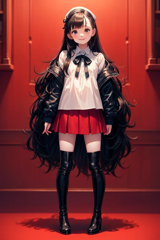  smiling and extremely cute eleven year old , long black disheveled hair , white skin , dark blue blouse , red mini skirt , red knee-high boots , full body , HEAD ON 