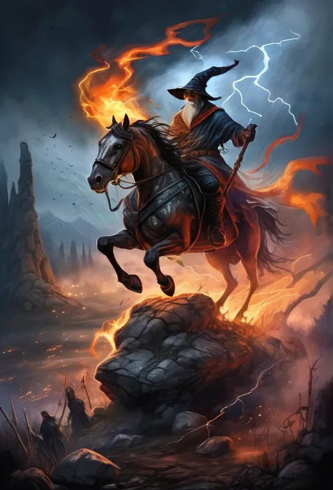 A medieval wizard riding an imposing flaming skeleton horse, dark stormy background, scary trees, evil, rocky mountain, rain, lightning bolts 