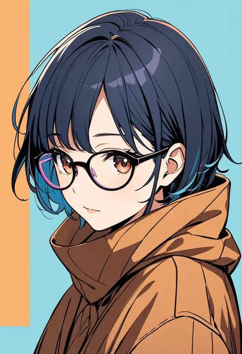 Beautiful anime girl with wavy-short hair(darkblue hair) and brown glasses, wearing a neon light-brown autumn cloth, against a lightblue background, with crisp outlines and clean line work in the style of cute and cool, in a manga style with bold black lin...