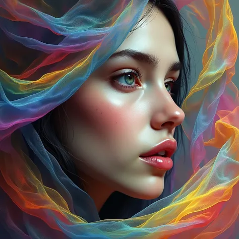 colour paint realistic portrait 64k, Female face image, full-screen face only. Looking ahead, the image is slightly turned sideways, there is a transparent, light, and faint colored cloth, the rainbow reflex is bright and beautiful.