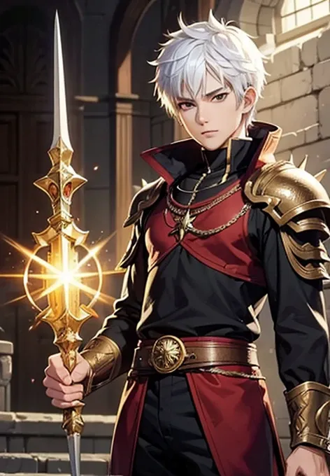 (Masterpiece), (defined details), (anime style defined), man, short spiky hair, White hair, brown eyes, epic adventurer clothing, magic scepter in hand, in a fantasy world