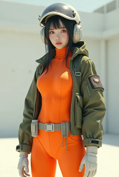 live-action、Real、Very beautiful Japanese woman in an orange tight bodysuit、Off-white high-top tech sneakers、Off-white fighter helmet、Put on a moss green M2B、Off-white gloves、belt、Military Waist Pouch、Simple Background
