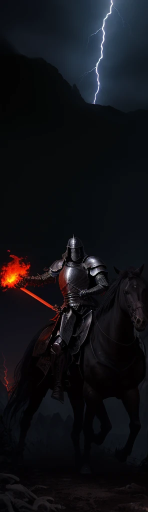 A knight in dark armor riding an imposing flaming skeleton horse, dark stormy background, scary trees, evil, rocky mountain, rain, lightning bolts, broken banners, smashed skulls on the ground , raising his sword, lightning bolts en el fondo, Imposing figu...