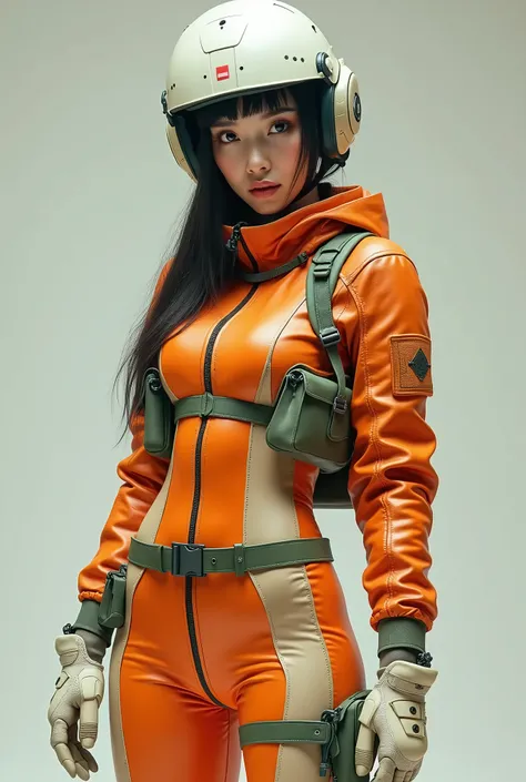 live-action、Real、Very beautiful Japanese woman in an orange and beige tight leather bodysuit、Off-white high-top tech sneakers、Off-white fighter helmet、Put on the moss green N3B、Off-white gloves、Leather Belt、Moss green military waist pouch、Simple Background...