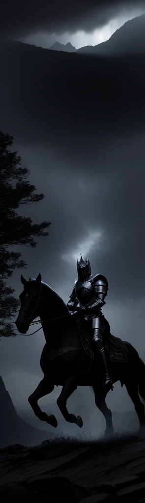 A knight in dark armor riding an imposing horse, dark and stormy background, scary trees, devil, Rockies, rain, raising his sword, rays in the background, fire on the ground, lighting in the sky by the Rays 