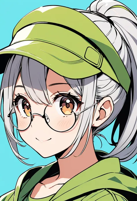 Beautiful anime girl with ponytail hair(silver hair) and brown glasses, wearing a neon khaki autumn cloth (and sun-visor),joy, against a lightblue background, with crisp outlines and clean line work in the style of cute and cool, in a manga style with bold...