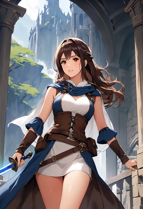 Women, Beautiful hair, brown eyes, epic adventurer clothing, blue and white sword, in a fantasy world