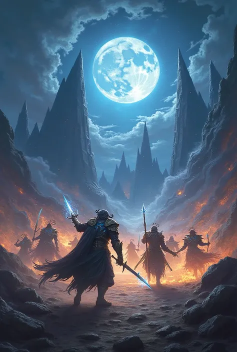 "Envision an epic, mystical battle scene under a starry, moonlit sky where powerful warriors and enigmatic creatures clash in a grand display of strength and magic. The warriors, clad in gleaming, ornate armor, wield ancient weapons glowing with ethereal e...