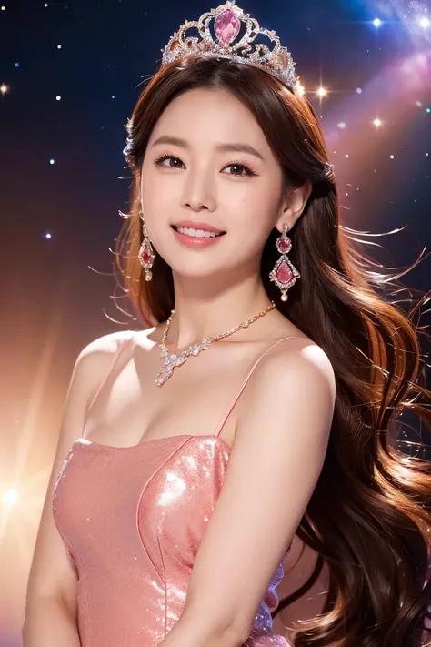 Red cheeks,Perfect lighting,Brown hair on upper body,Long Hair,jewelry,Space Background,Earrings,Pink Dress,Realistic,necklace,View your viewers,Tiara,Pink Lips,A light smile