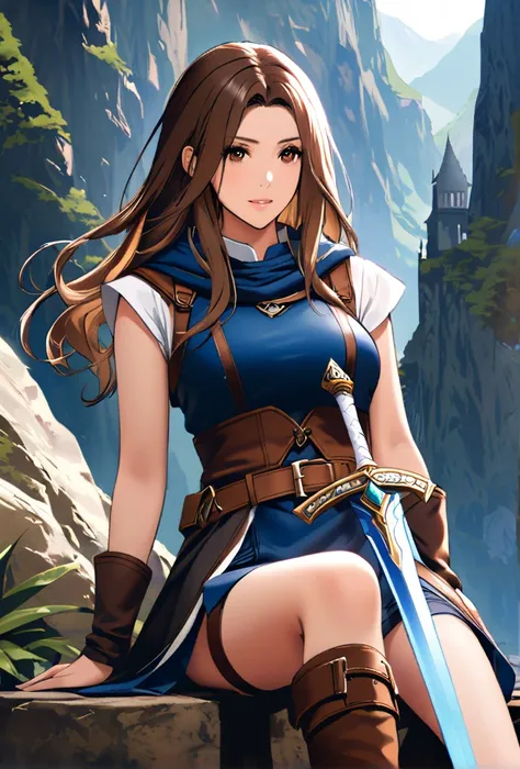 Women, Beautiful hair, brown eyes, epic adventurer clothing, blue and white sword, in a fantasy world