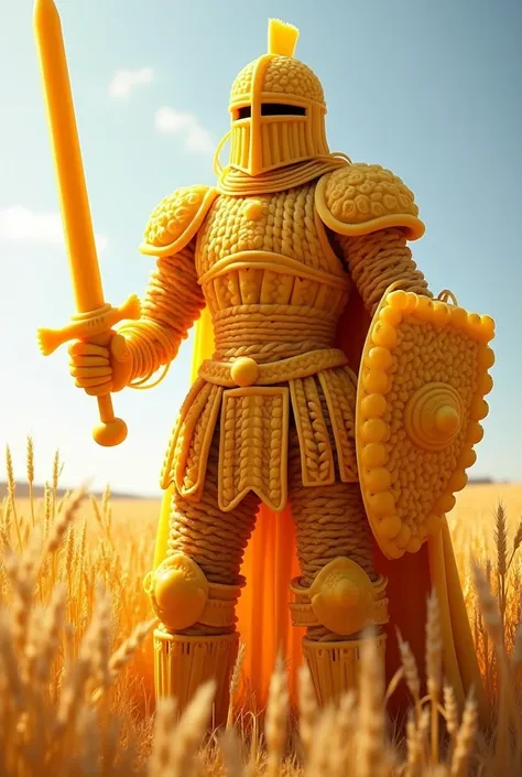 A towering knight stands proudly, entirely crafted from various types of pasta, exuding a quirky yet formidable presence. His helmet, shaped from tightly coiled spaghetti, features a classic knight’s visor made from lasagna sheets, with narrow slits for hi...