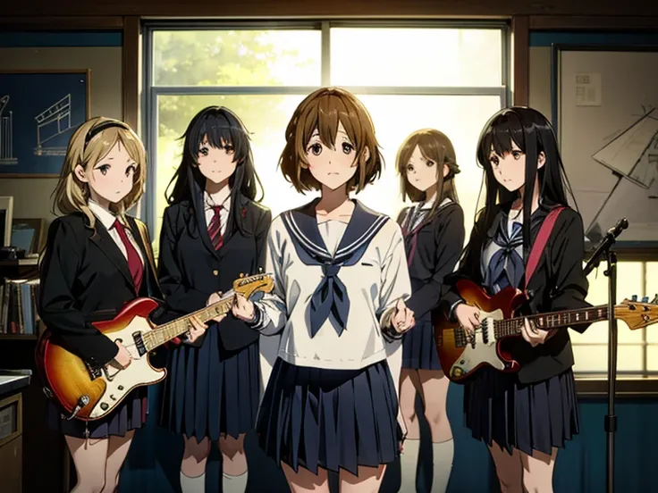 5 girls, there are five girls in school uniforms playing music together, Girl band illustration, seifuku, rock band, jk uniform, band playing instruments, japanese school uniform, band name is "After School Tea Time", band promo, high school girls, happy!!...