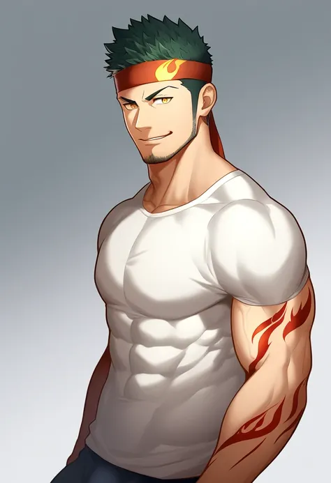 anime characters：Gyee, priapus, 1 young muscular man, male focus, Flame tattoo, sports Red headband, Creamy white spandex tight T-shirt, muscular male, muscular, full , body, alone, Black short hair, Thick eyebrows, stubble, Yellow eyes, White background, ...