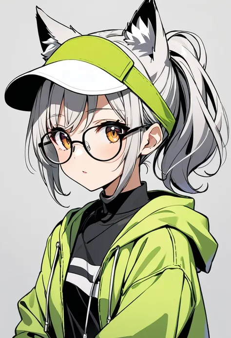 Beautiful anime girl with ponytail hair(silver hair) and brown glasses,(wolf ear),wearing a neon khaki autumn cloth (and sun-visor), against a gray background, with crisp outlines and clean line work in the style of cute and cool, in a manga style with bol...