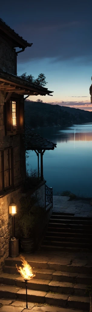 A stone structure, long stairs, stone frames, down the stairs there is a lake, balcony, upper room, torches on the walls 