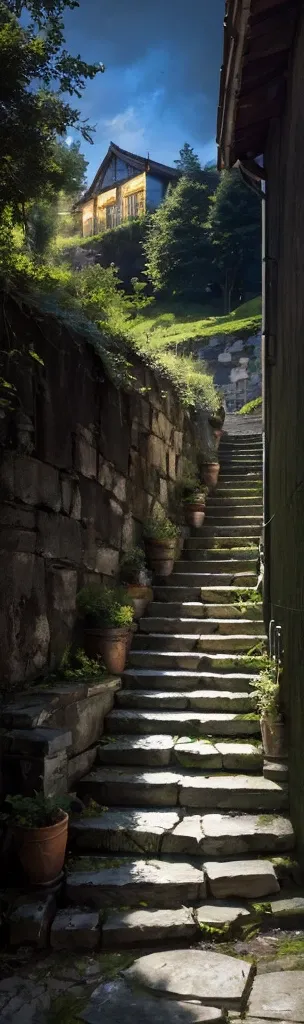 A stone structure, long stairs, stone frames, geometric structure well illuminated by the light, green hills background, high meal, stone stairs 