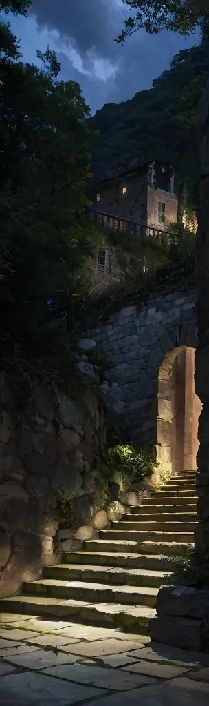 A stone structure, long stairs, stone frames, geometric structure well illuminated by the light, green hills background, high meal, stone stairs 