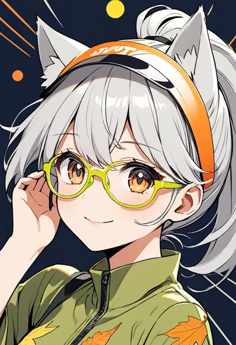 Beautiful anime girl with ponytail hair(silver hair) and brown glasses,(wolf ear),wearing a neon khaki autumn cloth (and sun-visor),joy, against a navy background, with crisp outlines and clean line work in the style of cute and cool, in a manga style with...