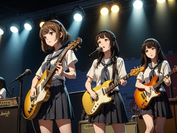 5 girls, there are five girls in school uniforms playing music together, girl band illustration, rock band, band playing instrum...