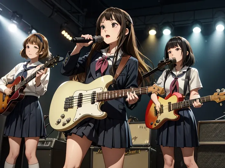 5 girls, there are five girls in school uniforms playing music together, girl band illustration, rock band, band playing instrum...