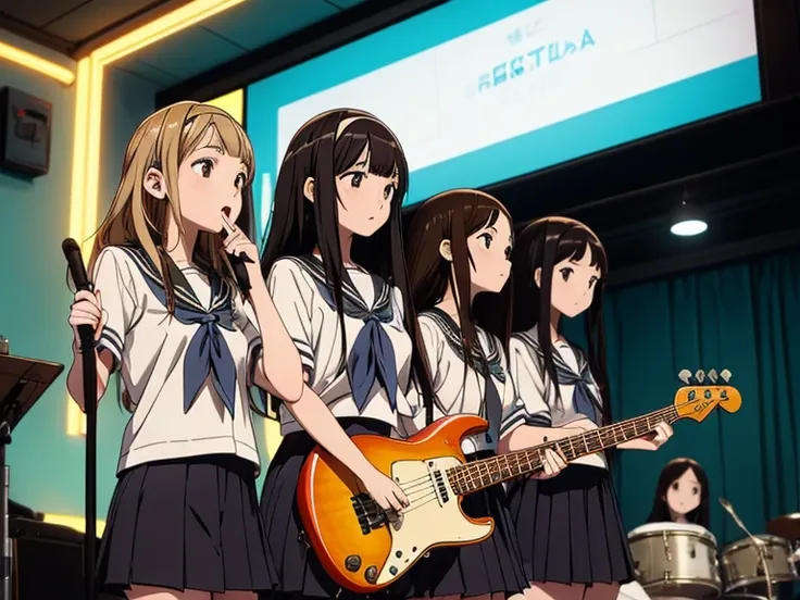 5 girls, there are five girls in school uniforms playing music together, girl band illustration, rock band, band playing instrum...