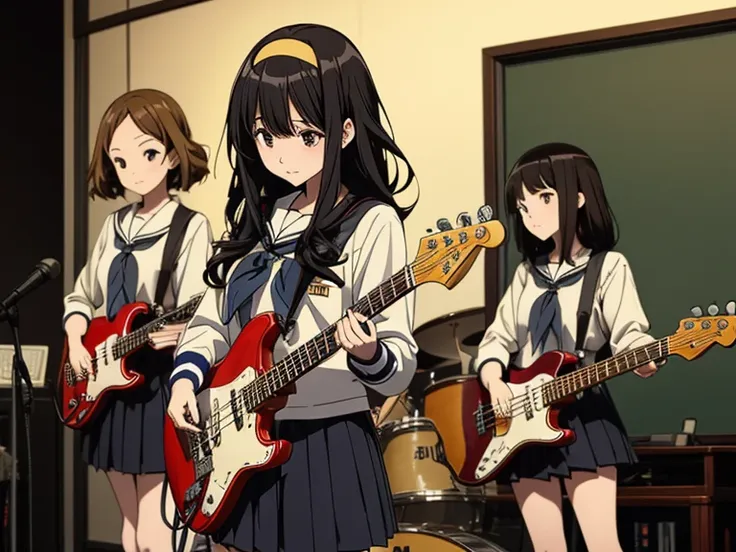 5 girls, there are five girls in school uniforms playing music together, girl band illustration, rock band, band playing instrum...