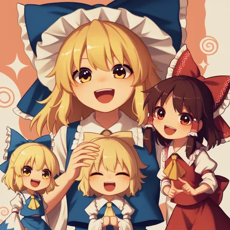 3girls, chibi, cute, playful, touhou project, reimu hakurei, marisa kirisame, cirno, (reimu hakurei and marisa kirisame pointing...