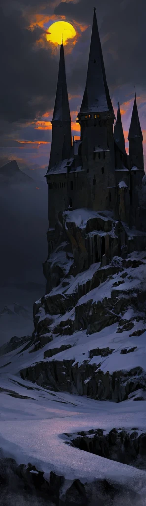 A gothic castle on top of a mountain., purple and cold blue sky, storm, mountains in the distancesnow, ice, drawbridge, medieval deep well, dracula style, ice peaks, drawbridge, black stone gargoyles