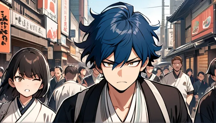 A serious,blue-haired, Wavy shoulder-length gold-eyed  boy, With a black jacket with white details and white pants, Good anatomy, , Boku no hero academy , in the middle of the street, Japanese style, Tokyo, lots of people in the background,undefined, undef...