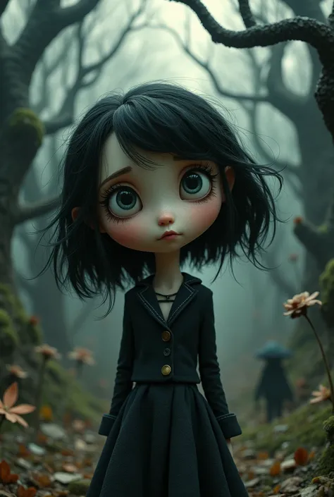 Tim Burton-Inspired Character Study:** Create a narrative around a 3D girl ,cartoon,who embodies Loyal essence of Tim Burton’s style, whimsical yet dark aesthetic. Describe her detailed expressive eyes that seem to tell a story of their own, drawing inspir...