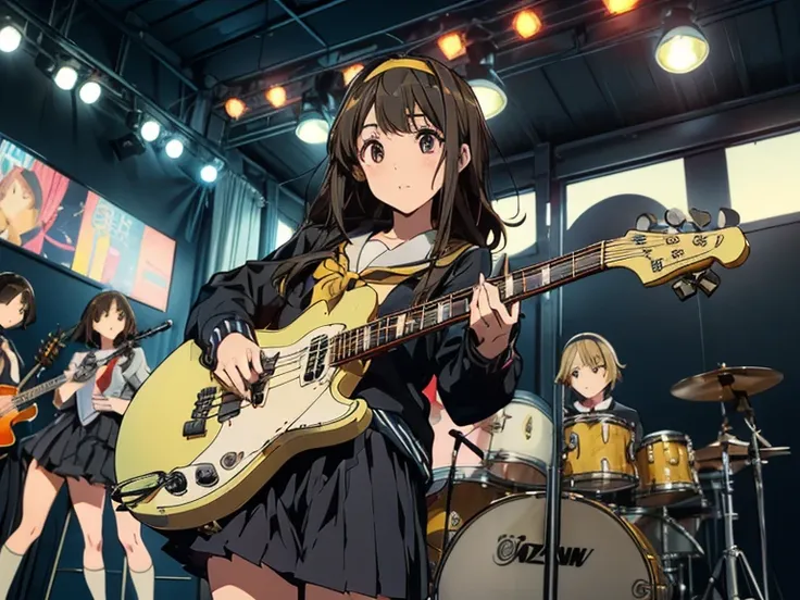 5 girls, there are five girls in school uniforms playing music together, girl band illustration, rock band, band playing instrum...