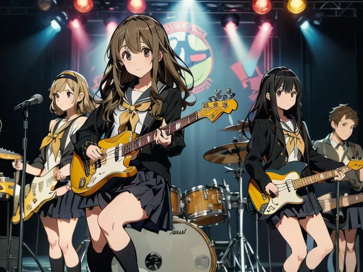 5 girls, there are five girls in school uniforms playing music together, girl band illustration, rock band, band playing instrum...