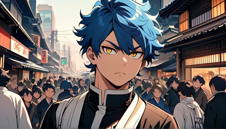 A serious,blue-haired, Wavy shoulder-length gold-eyed  boy, With a black jacket with white details and white pants, Good anatomy, , Boku no hero academy , in the middle of the street, Japanese style, Tokyo, lots of people in the background,undefined, undef...