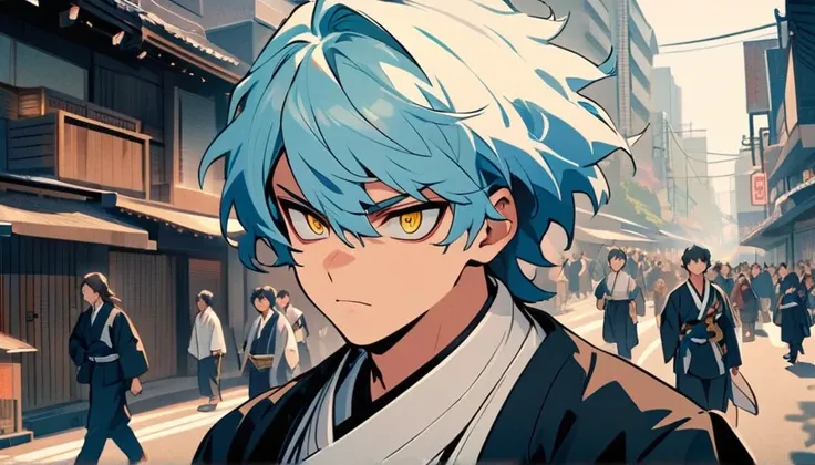 A serious,blue-haired, Wavy shoulder-length gold-eyed  boy, With a black jacket with white details and white pants, Good anatomy, , Boku no hero academy , in the middle of the street, Japanese style, Tokyo, lots of people in the background,undefined, undef...