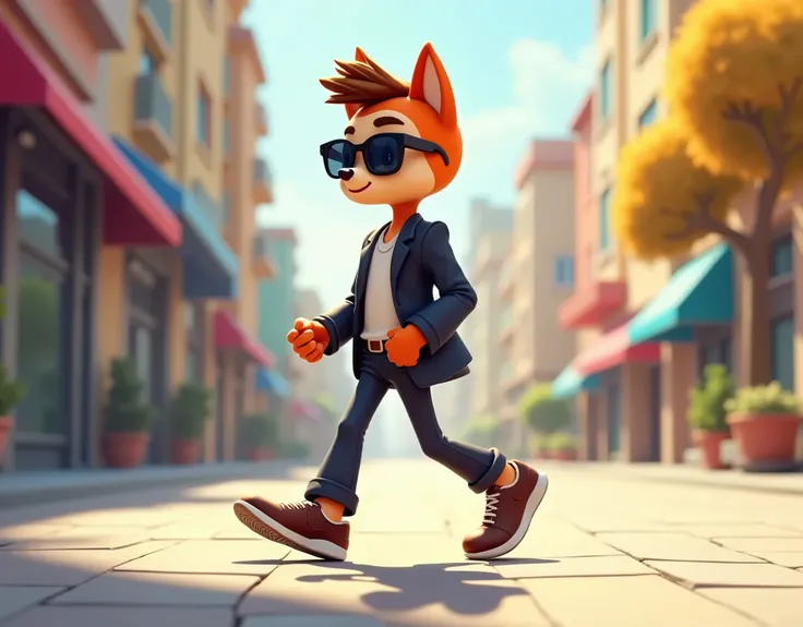  cartoon character walking in a fashionable style wearing sunglasses, wearing a jacket, wearing trousers and shoes