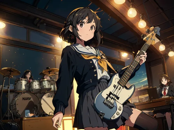 ((masterpiece:1.3)), (best quality), ((extremely detailed:1.1)), 5 girls, there are five girls in school uniforms playing music together, Girl band illustration, rock band, band playing instruments, (A dynamic performance:1.3), K-ON!, band name is "After S...