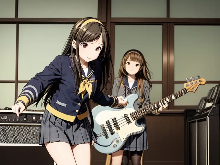 ((masterpiece:1.3)), (best quality), ((extremely detailed:1.1)), 5 girls, there are five girls in school uniforms playing music together, Girl band illustration, rock band, band playing instruments, (A dynamic performance:1.3), K-ON!, band name is "After S...