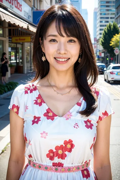 Best Quality, Ultra-high resolution, (Realistic: 1.4), Boring bangs, Bright smile, Floral Dress,Street Background,necklace,Earrings,Cowboy Shot