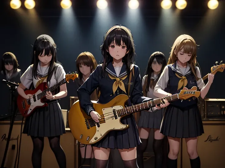 ((masterpiece:1.3)), (best quality), ((extremely detailed:1.1)), 5 girls, there are five girls in school uniforms playing music ...