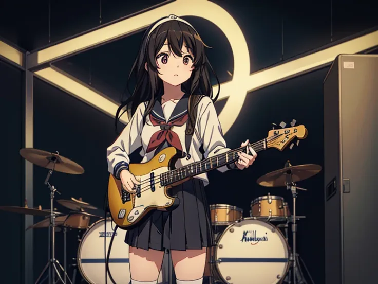 ((masterpiece:1.3)), (best quality), ((extremely detailed:1.1)), 5 girls, there are five girls in school uniforms playing music together, Girl band illustration, rock band, band playing instruments, (A dynamic performance:1.3), K-ON!, band name is "After S...