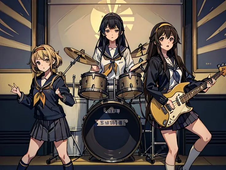 ((masterpiece:1.3)), (best quality), ((extremely detailed:1.1)), 5 girls, there are five girls in school uniforms playing music ...