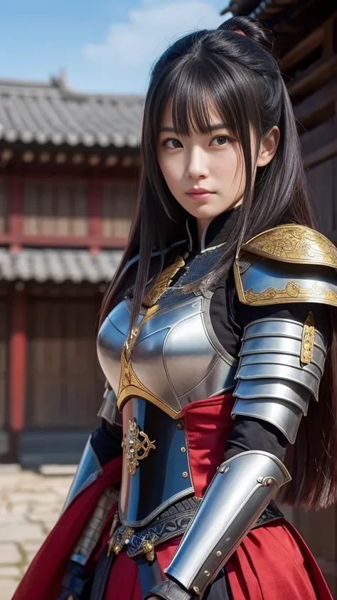 Please draw the brave and charming Oda Nobunaga as a woman in beautiful armor... Make her look realistic and reflect his distinctive armor and striking hairstyle. .